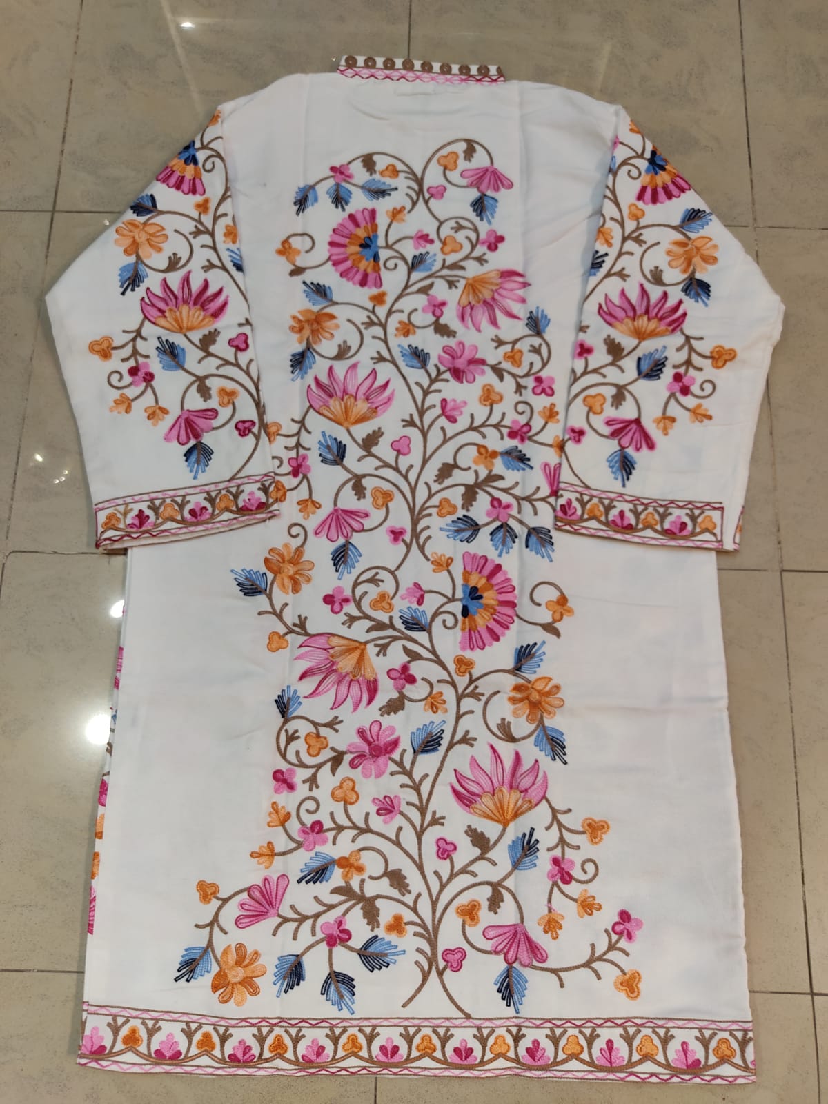 Authentic Kashmiri Embroidered Coat | Pink & Yellow Floral Aari Work Suzani Style Jacket | Artisan Bohemian Outerwear