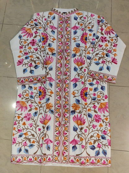 Authentic Kashmiri Embroidered Coat | Pink & Yellow Floral Aari Work Suzani Style Jacket | Artisan Bohemian Outerwear