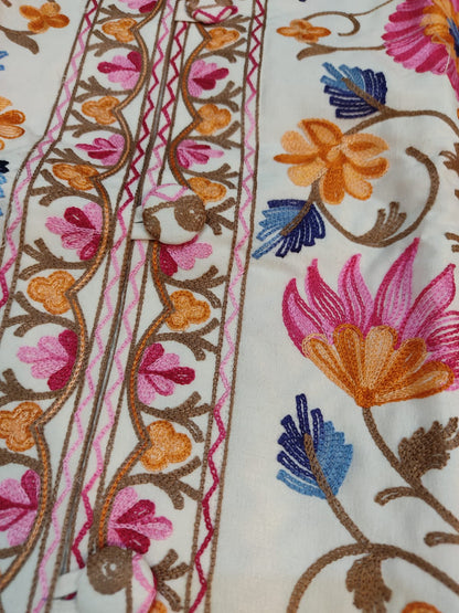 Authentic Kashmiri Embroidered Coat | Pink & Yellow Floral Aari Work Suzani Style Jacket | Artisan Bohemian Outerwear