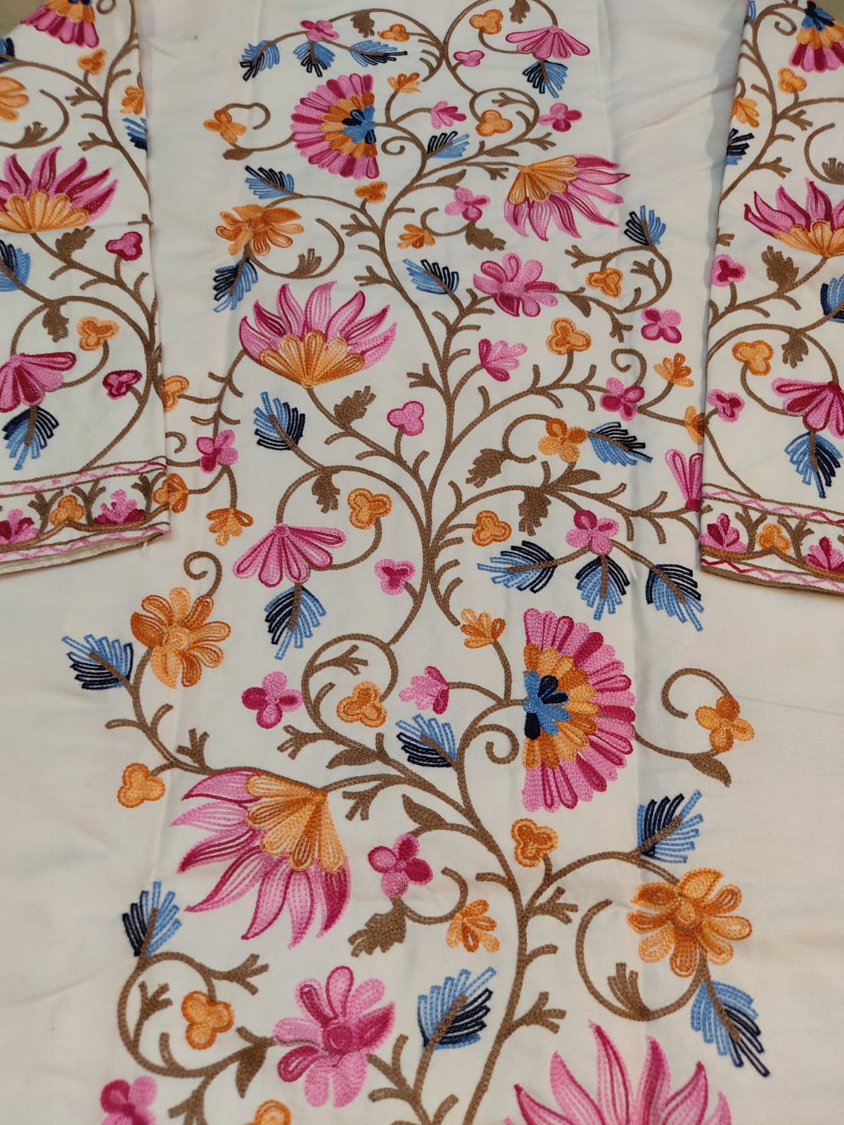 Authentic Kashmiri Embroidered Coat | Pink & Yellow Floral Aari Work Suzani Style Jacket | Artisan Bohemian Outerwear