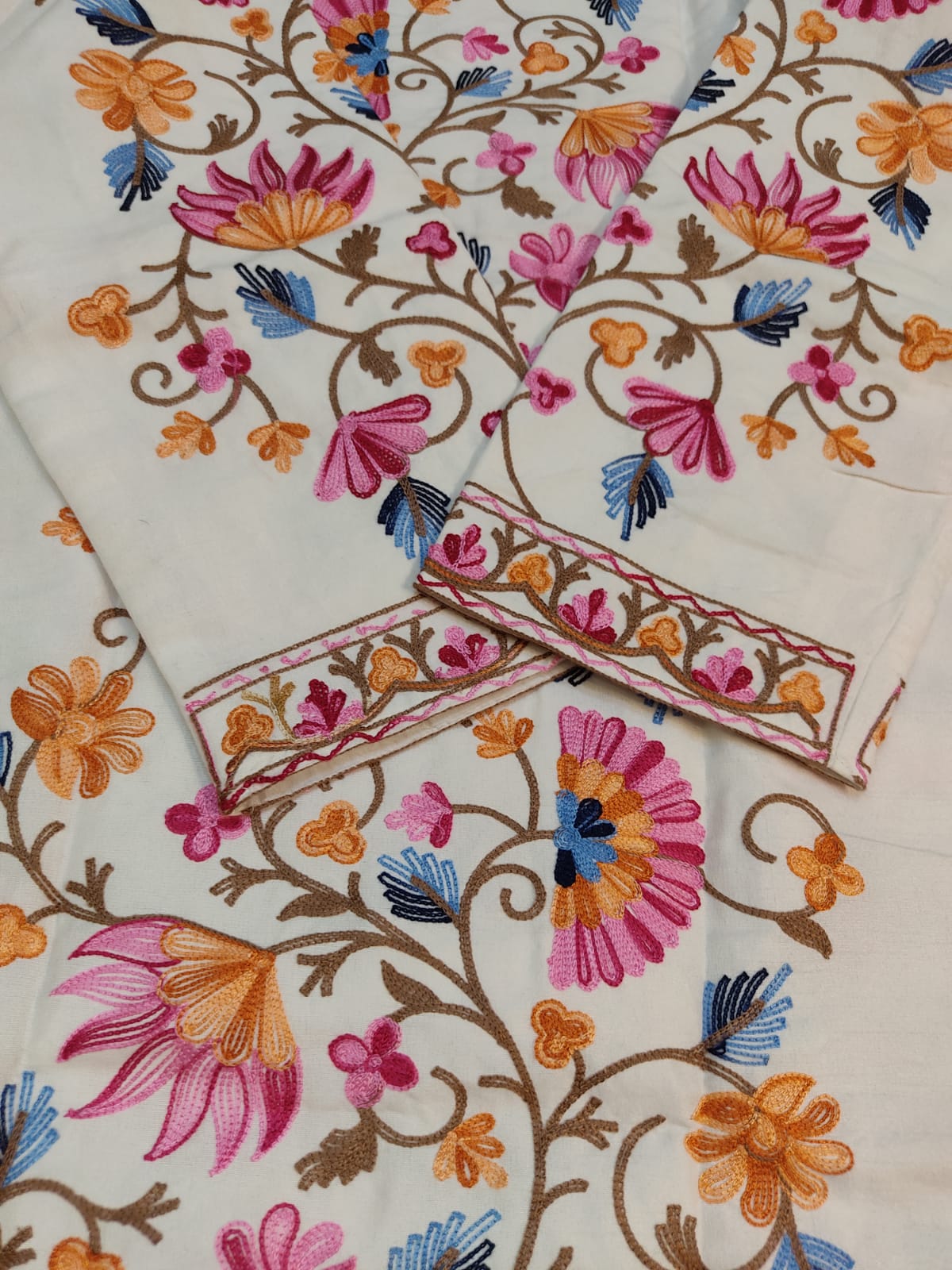 Authentic Kashmiri Embroidered Coat | Pink & Yellow Floral Aari Work Suzani Style Jacket | Artisan Bohemian Outerwear