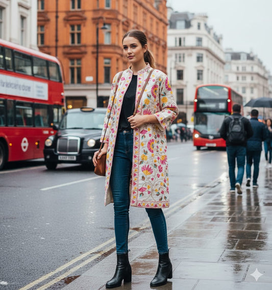 Authentic Kashmiri Embroidered Coat | Pink & Yellow Floral Aari Work Suzani Style Jacket | Artisan Bohemian Outerwear