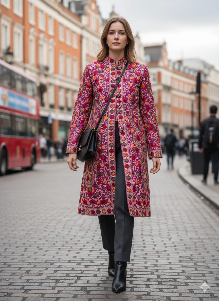 Hand-Embroidered Purple Kashmiri Jacket | Traditional Aari Work Tunic | Phiran Style Coat | Designer Ethnic Wear | Unique Gift for Her