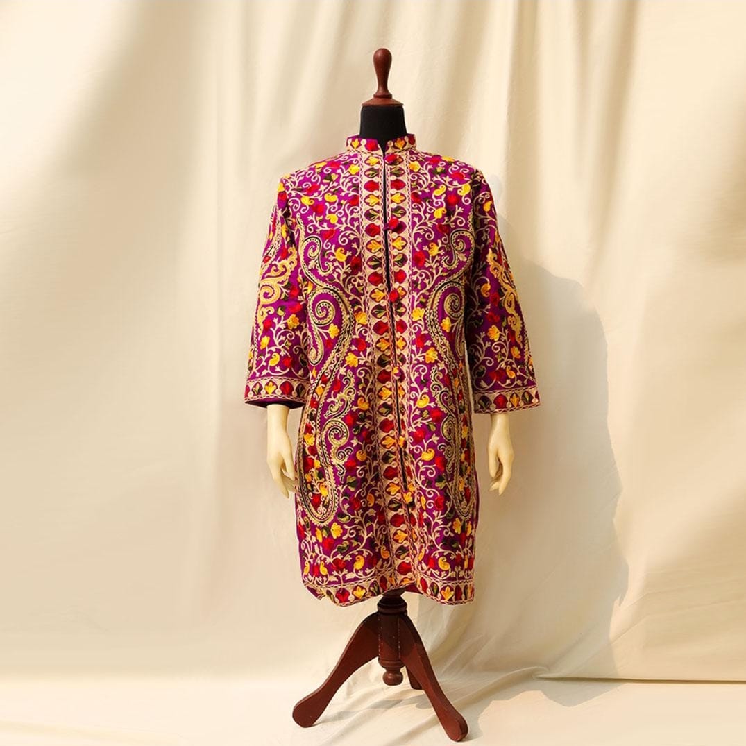 Hand-Embroidered Purple Kashmiri Jacket | Traditional Aari Work Tunic | Phiran Style Coat | Designer Ethnic Wear | Unique Gift for Her