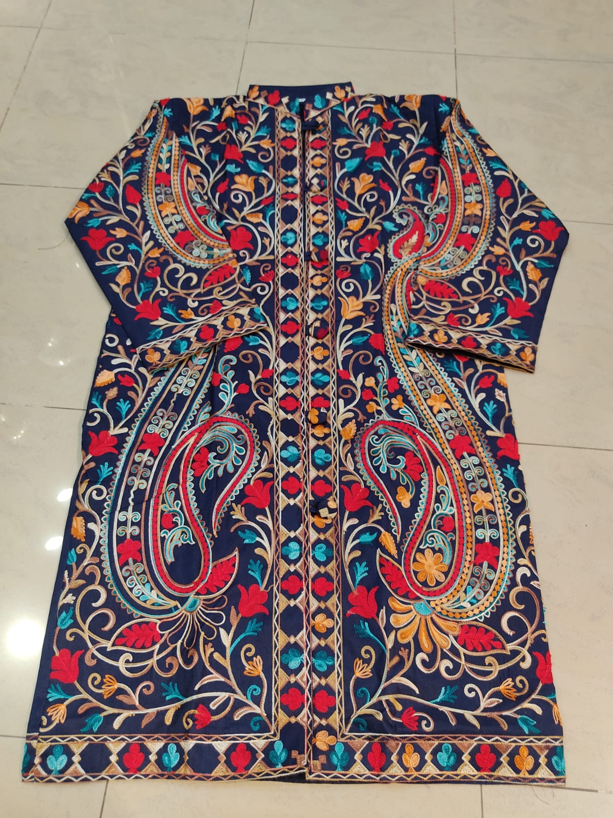 Artisan-Crafted Kashmiri Aari Embroidered Jacket - blue Floral Statement Coat