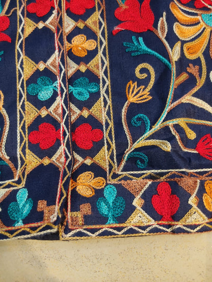 Artisan-Crafted Kashmiri Aari Embroidered Jacket - blue Floral Statement Coat
