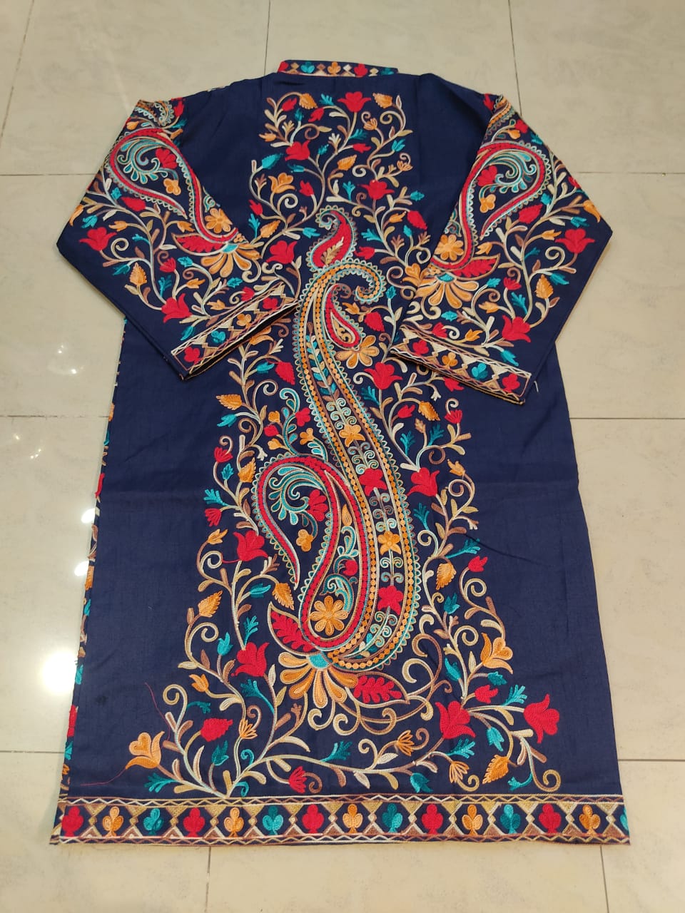 Artisan-Crafted Kashmiri Aari Embroidered Jacket - blue Floral Statement Coat