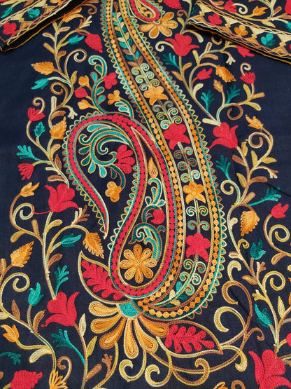 Artisan-Crafted Kashmiri Aari Embroidered Jacket - blue Floral Statement Coat