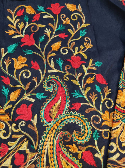 Artisan-Crafted Kashmiri Aari Embroidered Jacket - blue Floral Statement Coat