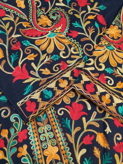 Artisan-Crafted Kashmiri Aari Embroidered Jacket - blue Floral Statement Coat