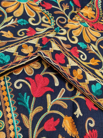 Artisan-Crafted Kashmiri Aari Embroidered Jacket - blue Floral Statement Coat