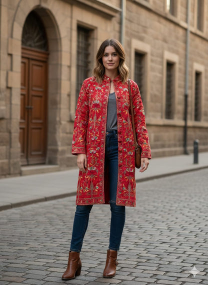 Artisan-Crafted Kashmiri Aari Embroidered Jacket - Red Floral Statement Coat