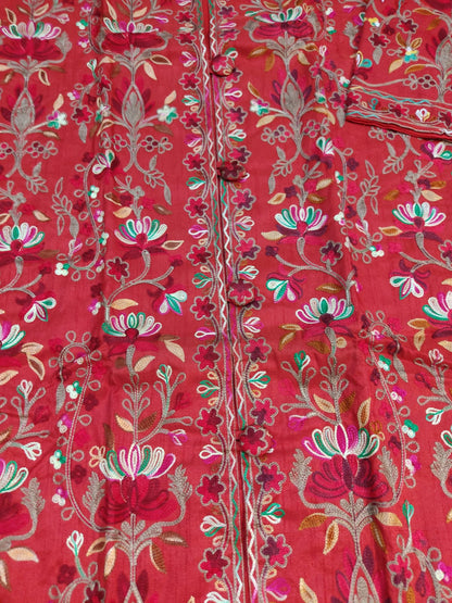 Artisan-Crafted Kashmiri Aari Embroidered Jacket - Red Floral Statement Coat