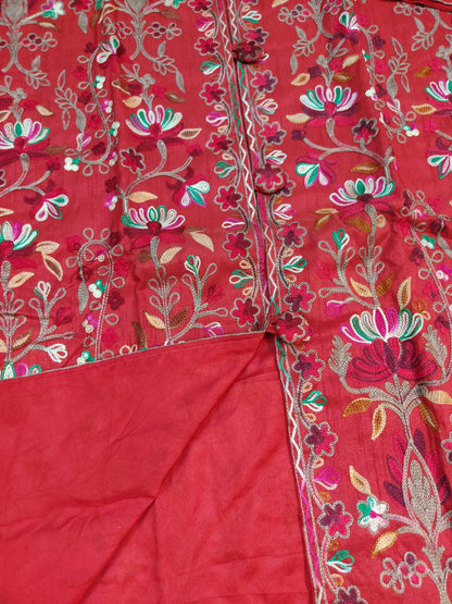 Artisan-Crafted Kashmiri Aari Embroidered Jacket - Red Floral Statement Coat
