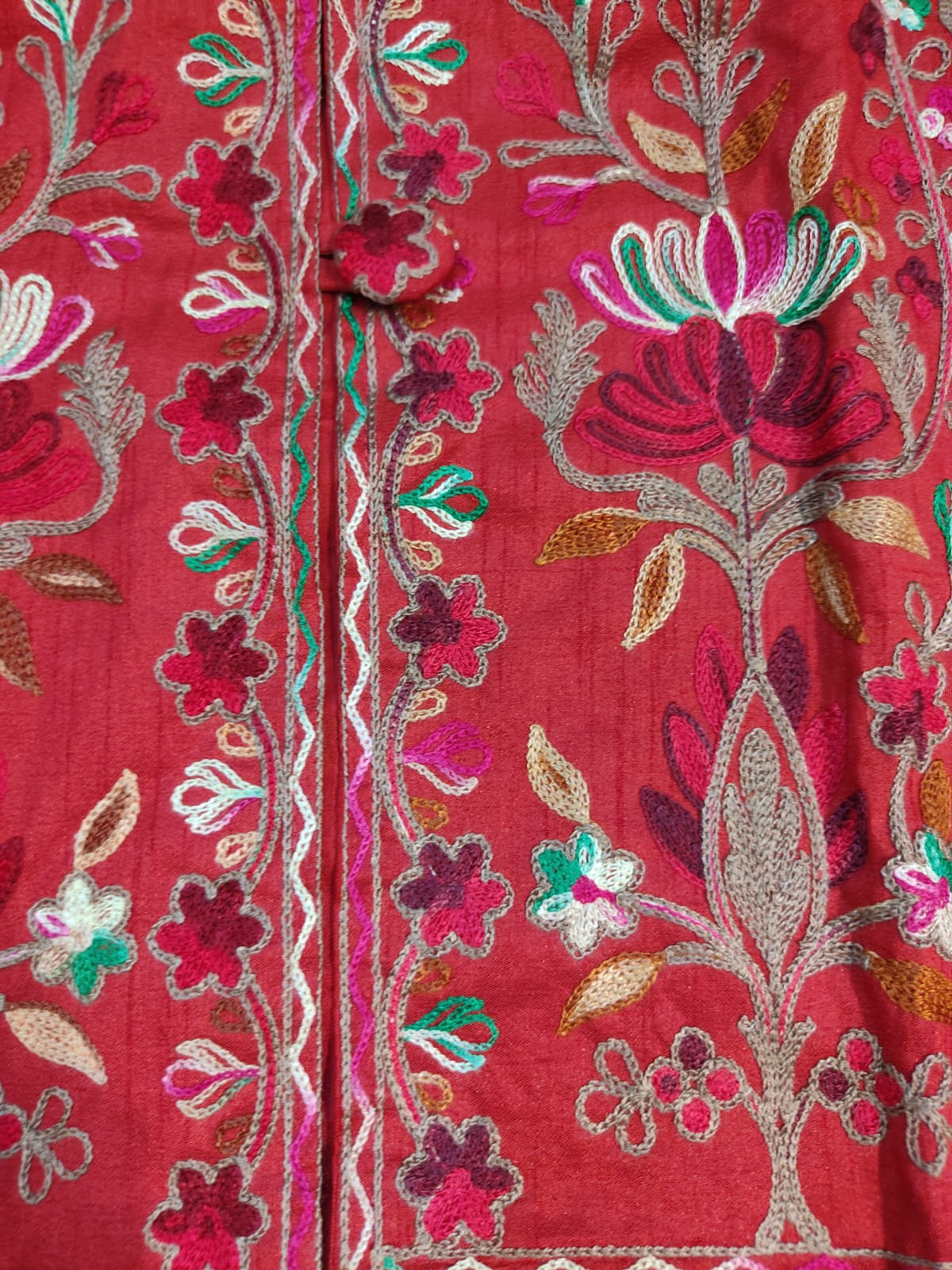 Artisan-Crafted Kashmiri Aari Embroidered Jacket - Red Floral Statement Coat