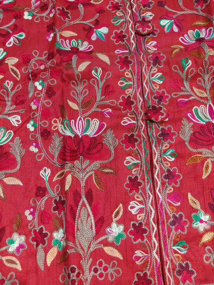 Artisan-Crafted Kashmiri Aari Embroidered Jacket - Red Floral Statement Coat
