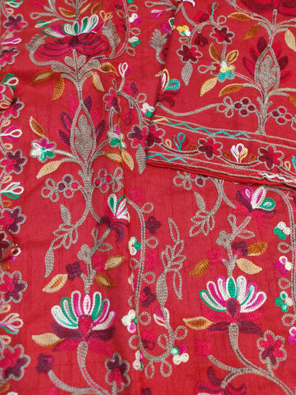 Artisan-Crafted Kashmiri Aari Embroidered Jacket - Red Floral Statement Coat