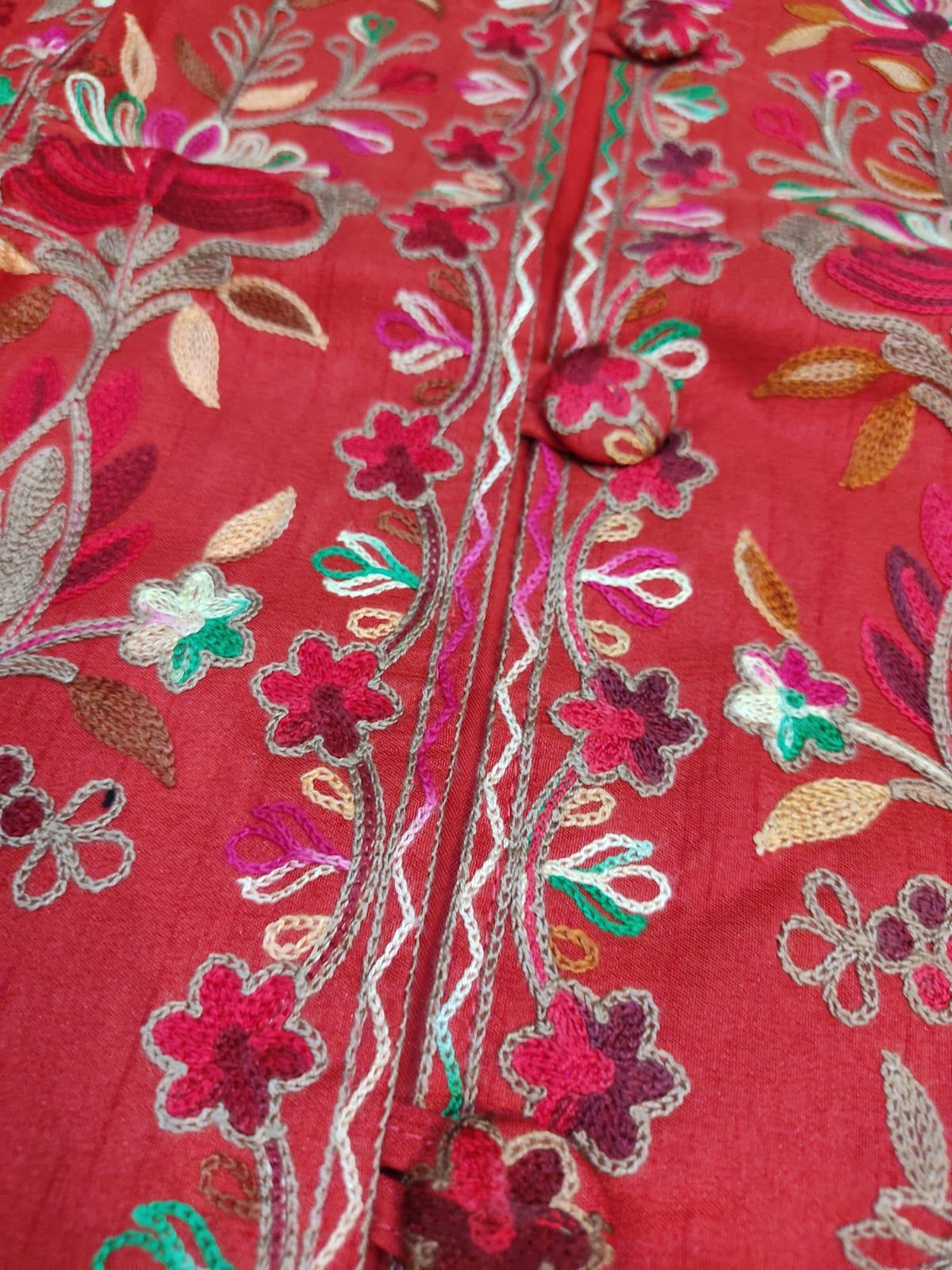 Artisan-Crafted Kashmiri Aari Embroidered Jacket - Red Floral Statement Coat