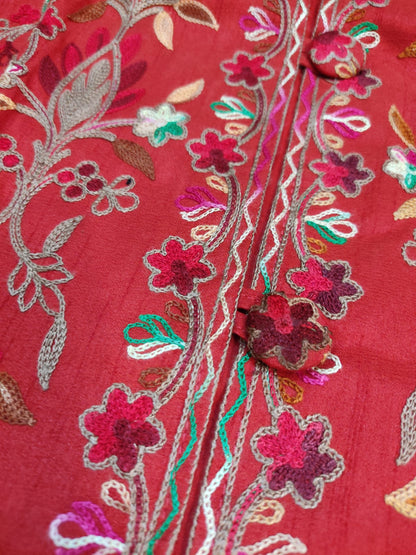 Artisan-Crafted Kashmiri Aari Embroidered Jacket - Red Floral Statement Coat