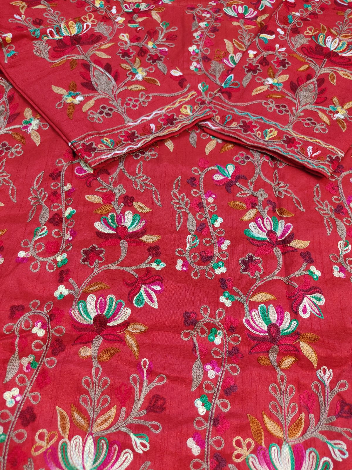 Artisan-Crafted Kashmiri Aari Embroidered Jacket - Red Floral Statement Coat