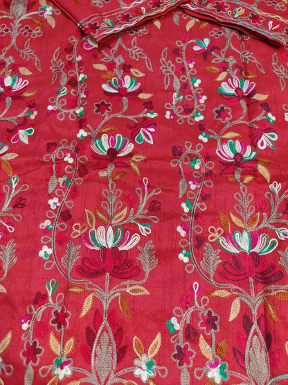 Artisan-Crafted Kashmiri Aari Embroidered Jacket - Red Floral Statement Coat