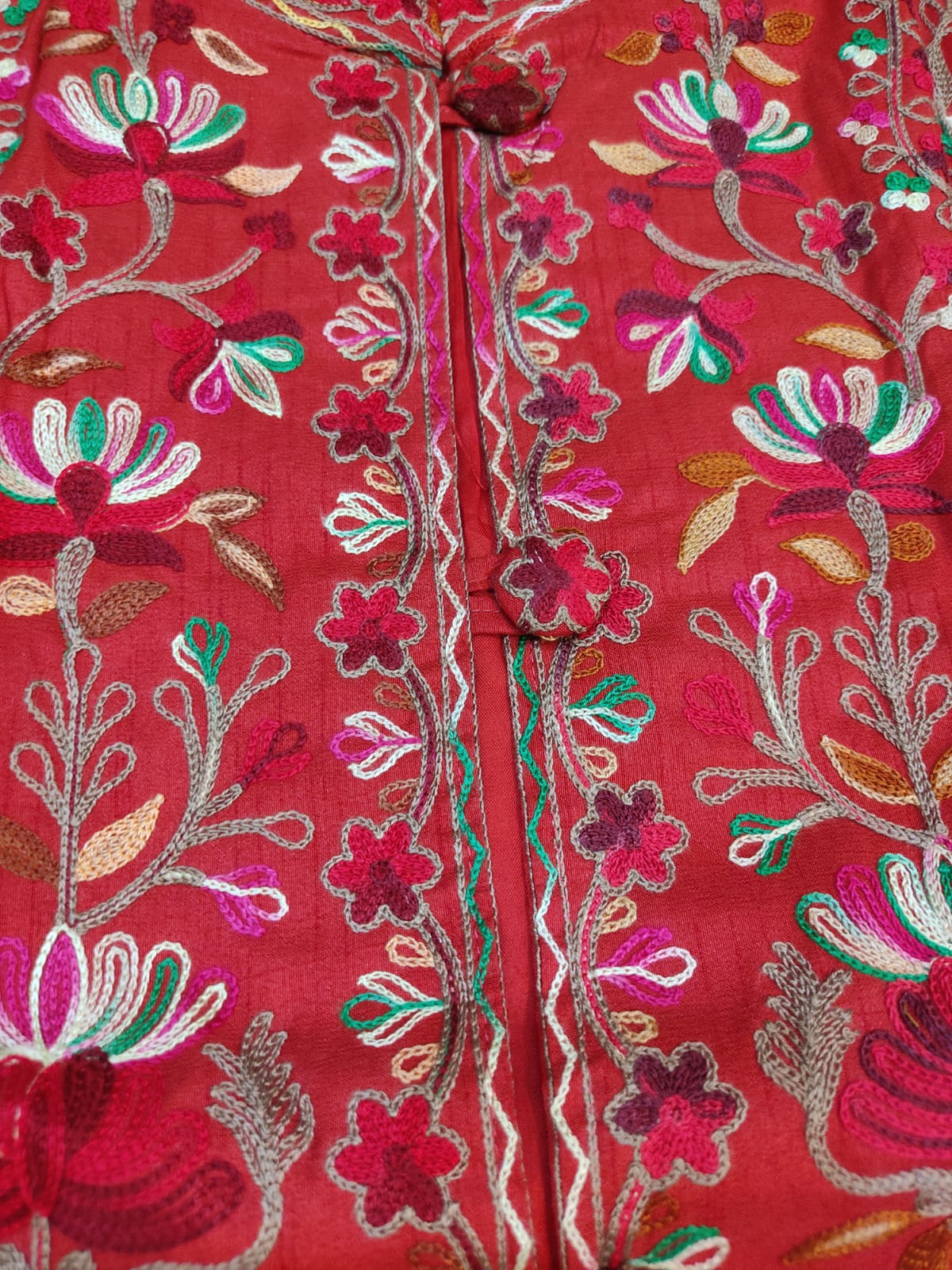 Artisan-Crafted Kashmiri Aari Embroidered Jacket - Red Floral Statement Coat