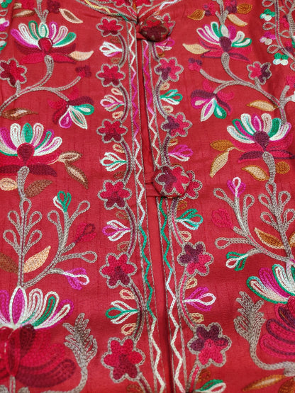 Artisan-Crafted Kashmiri Aari Embroidered Jacket - Red Floral Statement Coat
