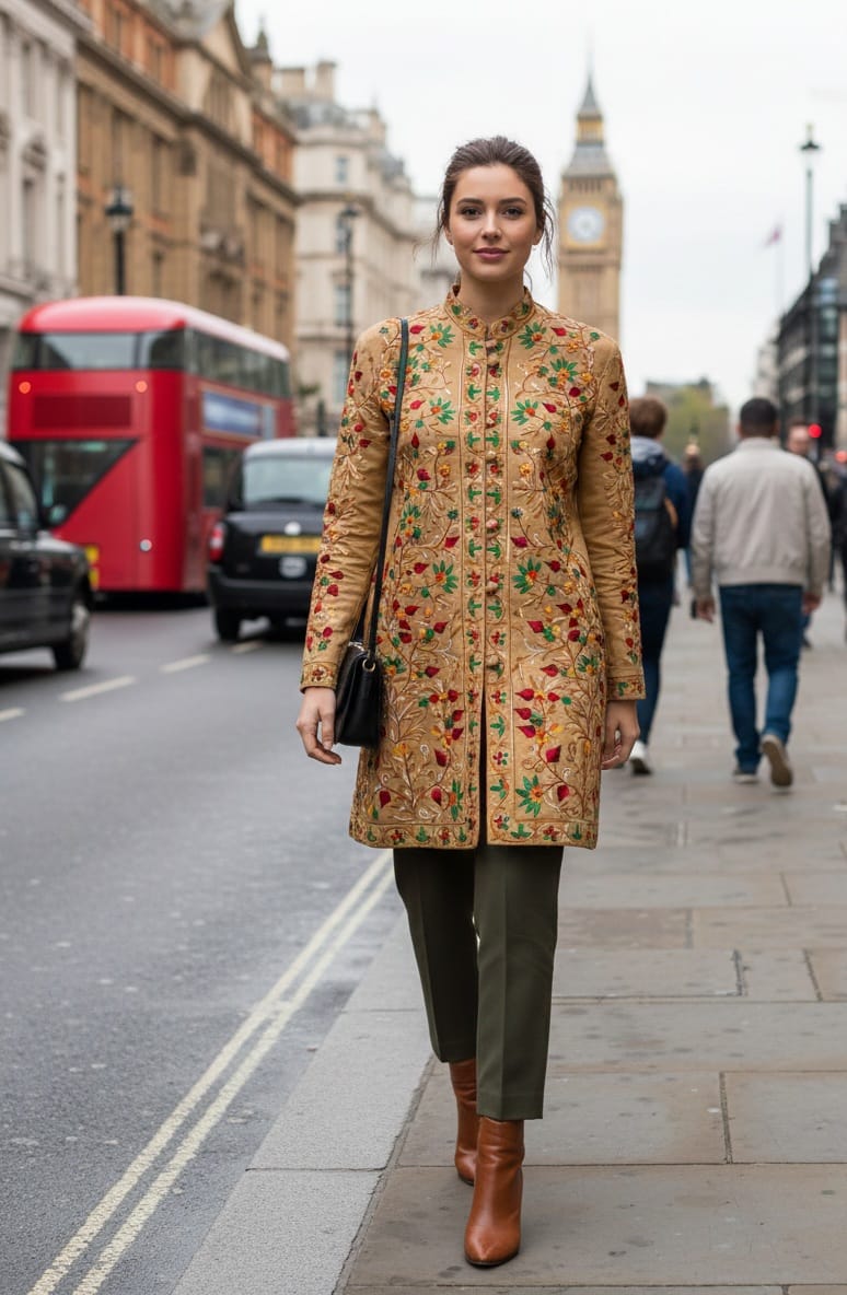 Floral Embroidered Long Coat  Artisan Made Fall/Winter Outerwear