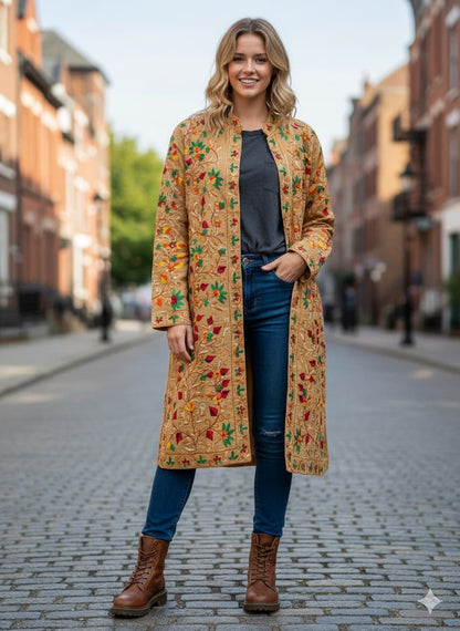 Floral Embroidered Long Coat  Artisan Made Fall/Winter Outerwear