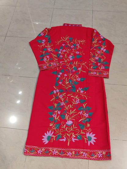 Artisan-Crafted Kashmiri Aari Embroidered Jacket - Red Floral Statement Coat