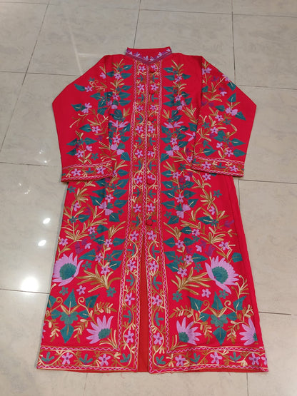 Artisan-Crafted Kashmiri Aari Embroidered Jacket - Red Floral Statement Coat
