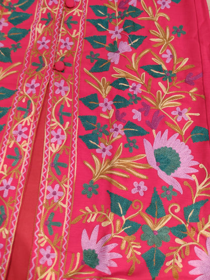 Artisan-Crafted Kashmiri Aari Embroidered Jacket - Red Floral Statement Coat