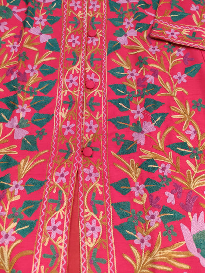 Artisan-Crafted Kashmiri Aari Embroidered Jacket - Red Floral Statement Coat