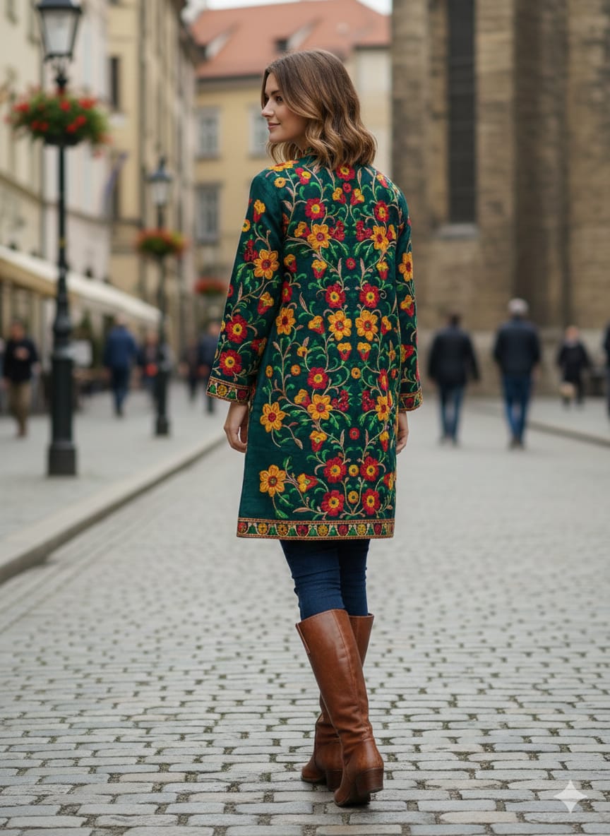 Artisan-Crafted Kashmiri Aari Embroidered Jacket - green Floral Statement Coat