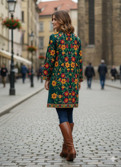 Artisan-Crafted Kashmiri Aari Embroidered Jacket - green Floral Statement Coat