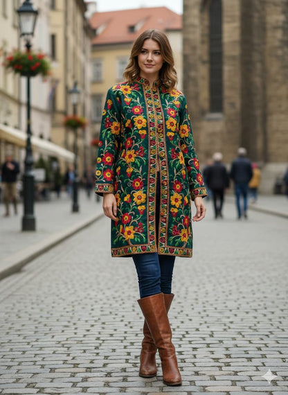 Artisan-Crafted Kashmiri Aari Embroidered Jacket - green Floral Statement Coat