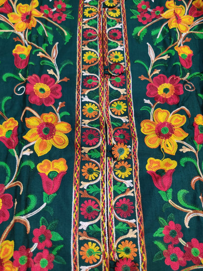 Artisan-Crafted Kashmiri Aari Embroidered Jacket - green Floral Statement Coat