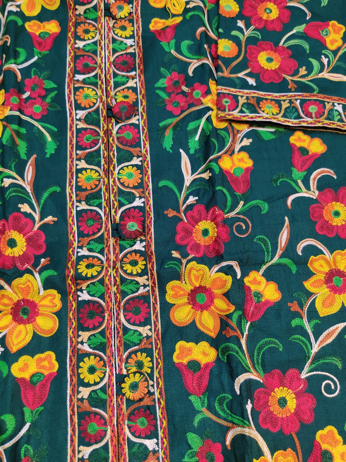 Artisan-Crafted Kashmiri Aari Embroidered Jacket - green Floral Statement Coat