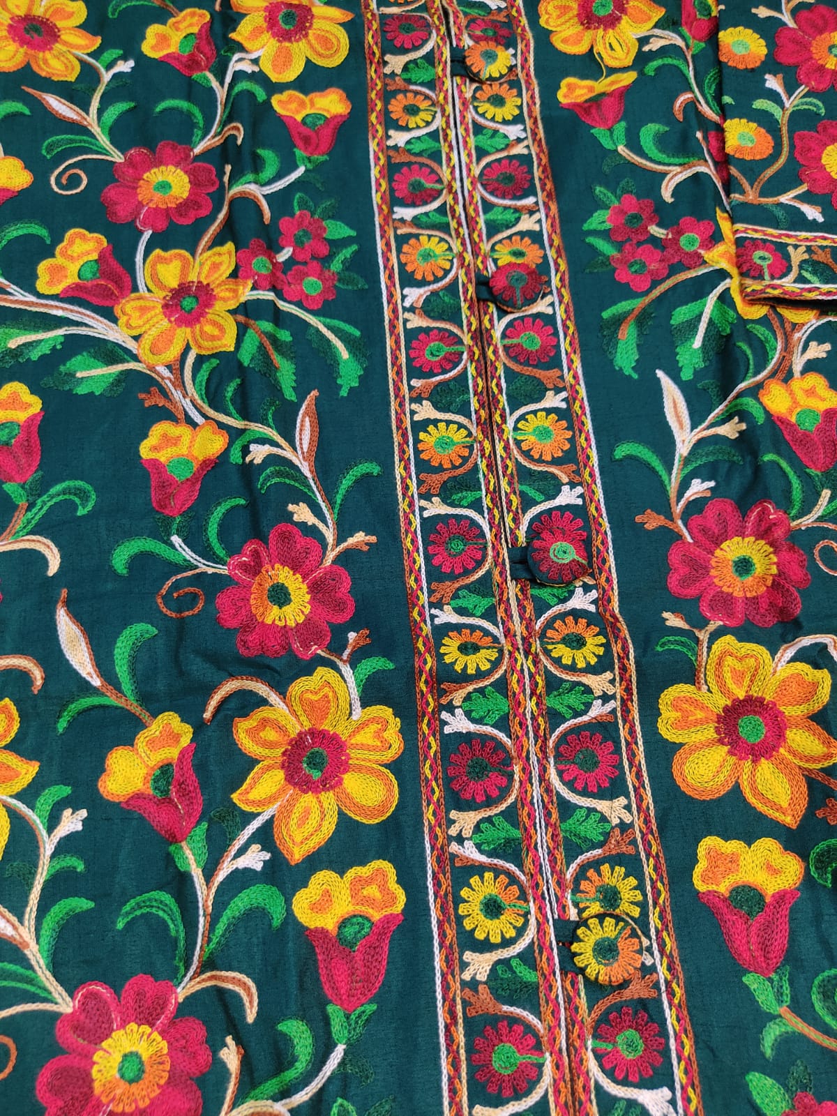 Artisan-Crafted Kashmiri Aari Embroidered Jacket - green Floral Statement Coat