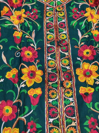 Artisan-Crafted Kashmiri Aari Embroidered Jacket - green Floral Statement Coat