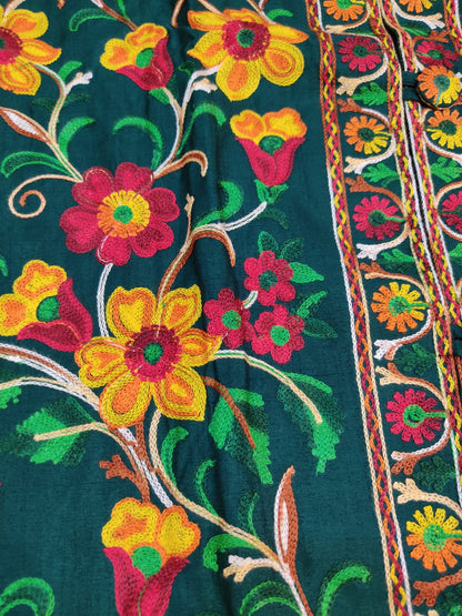 Artisan-Crafted Kashmiri Aari Embroidered Jacket - green Floral Statement Coat