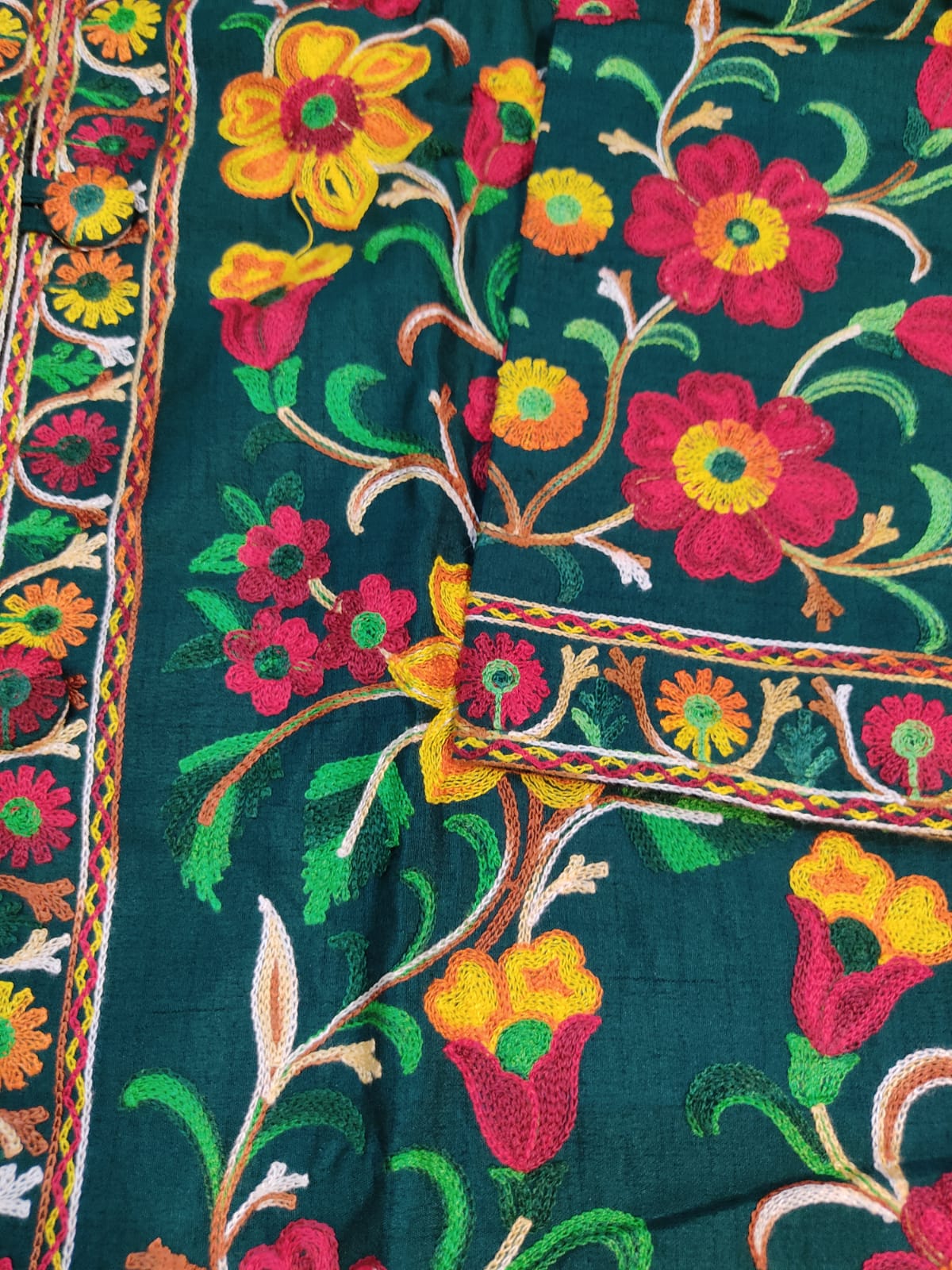 Artisan-Crafted Kashmiri Aari Embroidered Jacket - green Floral Statement Coat