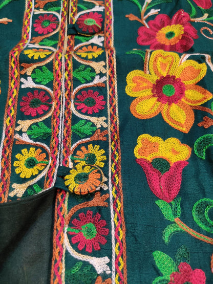 Artisan-Crafted Kashmiri Aari Embroidered Jacket - green Floral Statement Coat