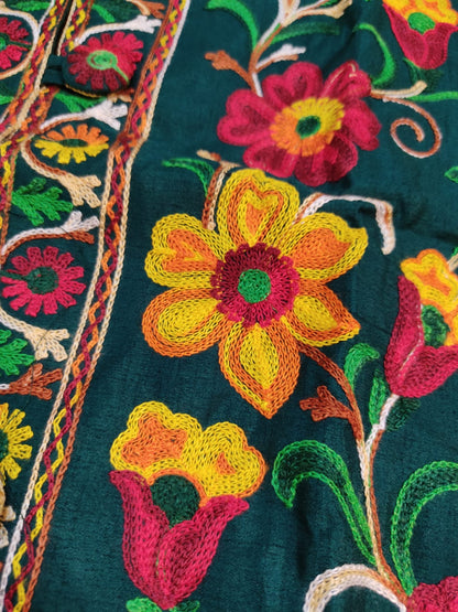 Artisan-Crafted Kashmiri Aari Embroidered Jacket - green Floral Statement Coat