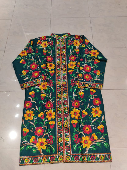 Artisan-Crafted Kashmiri Aari Embroidered Jacket - green Floral Statement Coat