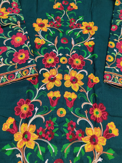 Artisan-Crafted Kashmiri Aari Embroidered Jacket - green Floral Statement Coat