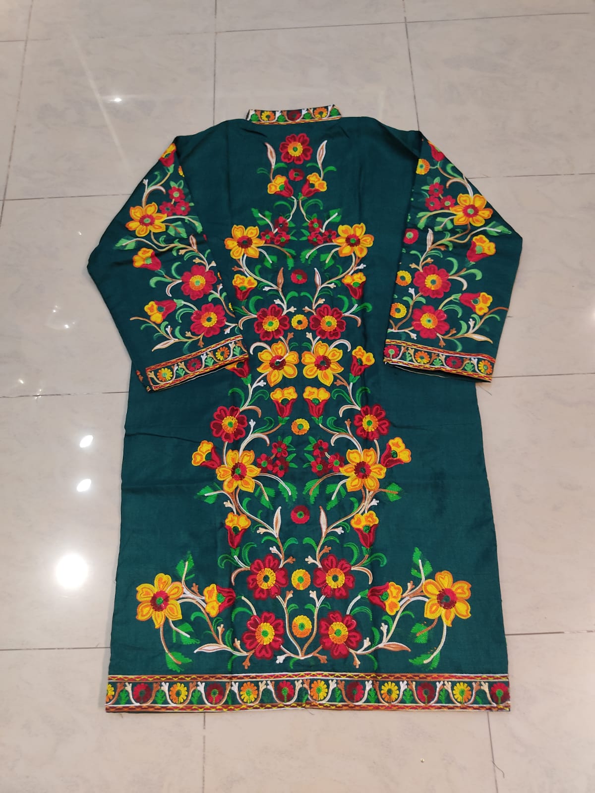 Artisan-Crafted Kashmiri Aari Embroidered Jacket - green Floral Statement Coat