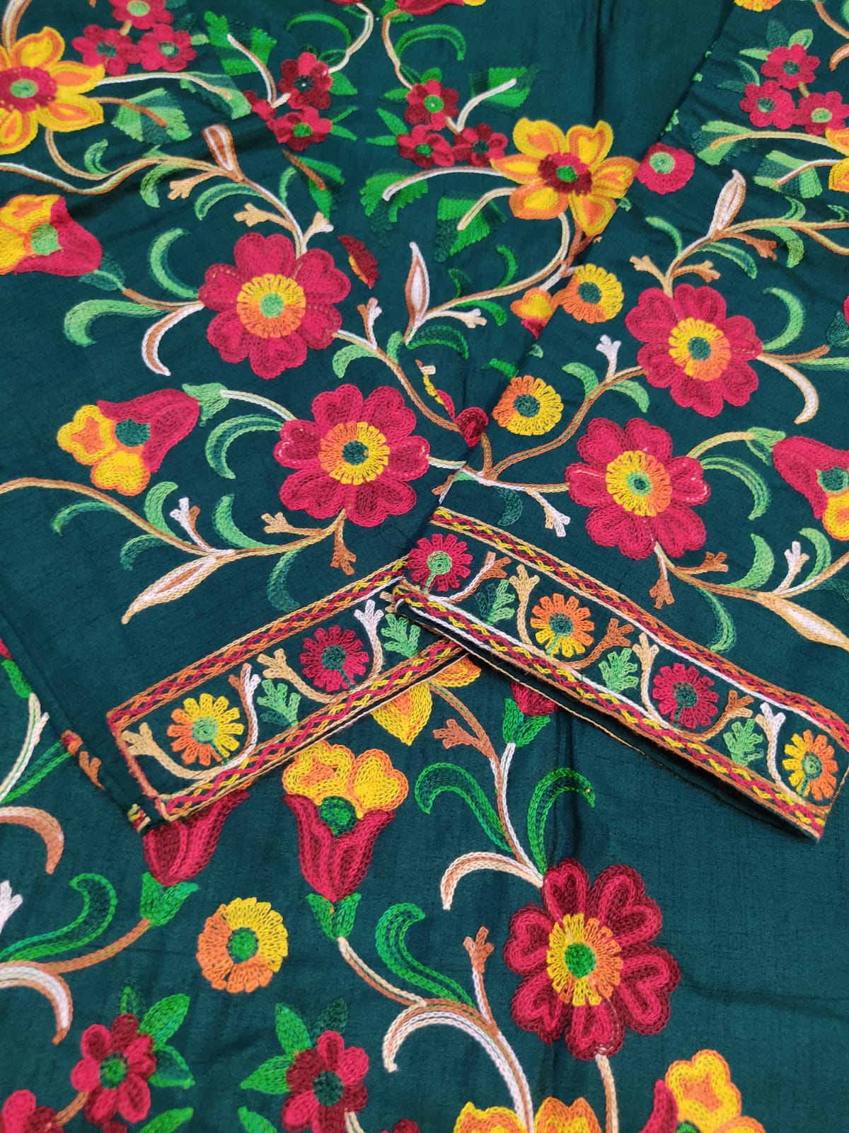 Artisan-Crafted Kashmiri Aari Embroidered Jacket - green Floral Statement Coat