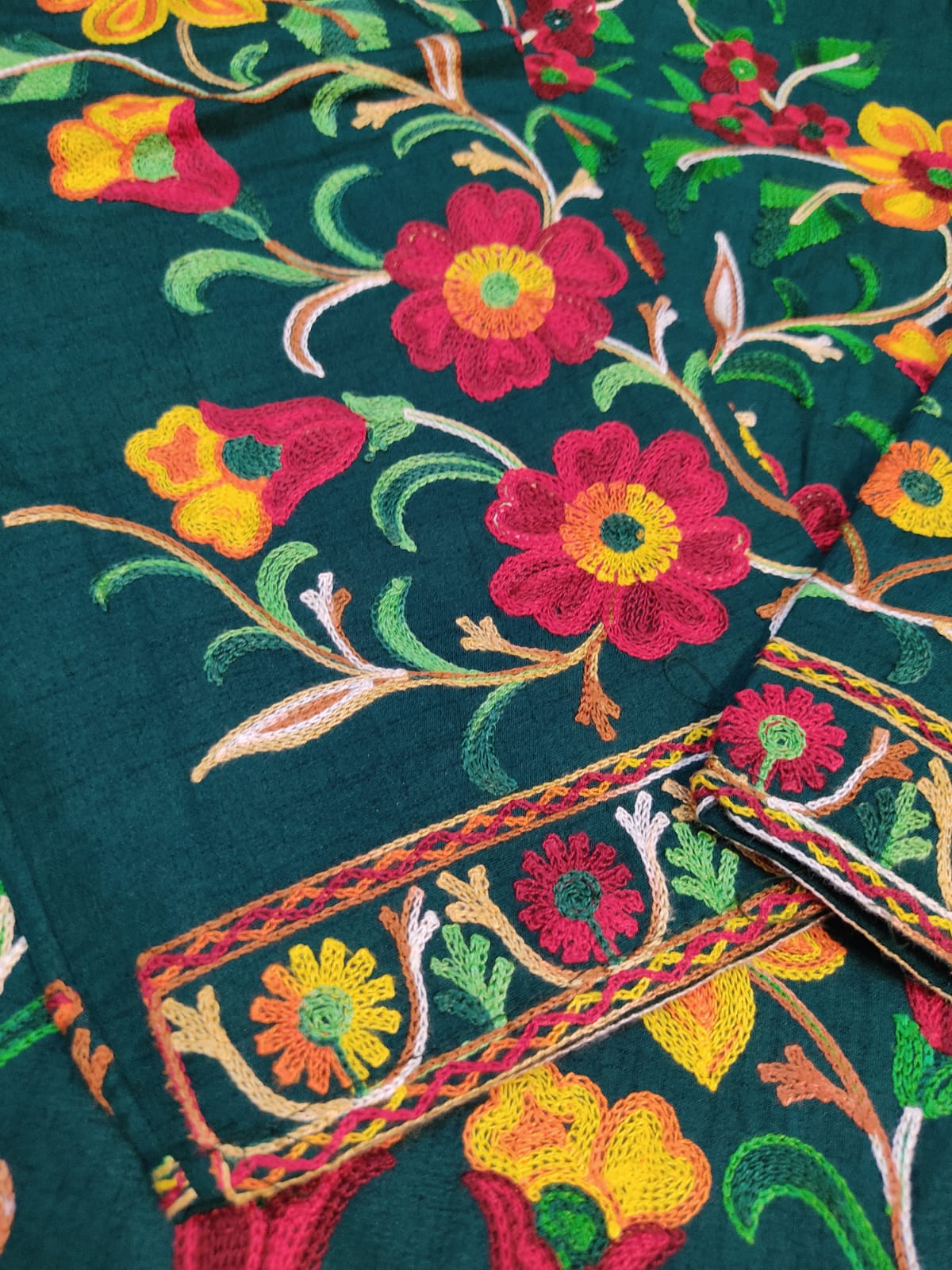 Artisan-Crafted Kashmiri Aari Embroidered Jacket - green Floral Statement Coat