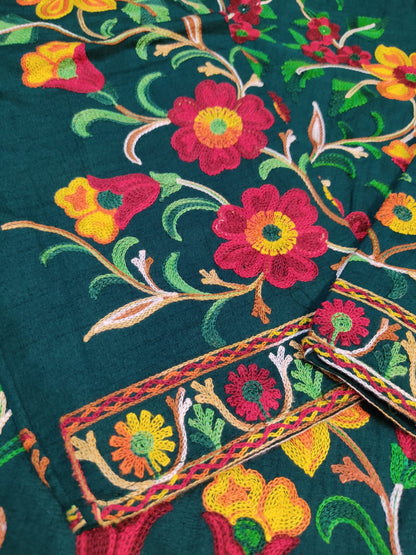 Artisan-Crafted Kashmiri Aari Embroidered Jacket - green Floral Statement Coat